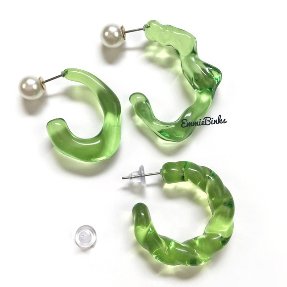 ✨3for$38 Set of 3 Transparent Green Hoop Earrings / Reversible Earring Jackets - Picture 2 of 14